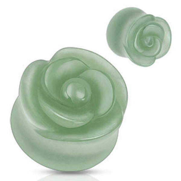 PAIR Green Aventurine Stone Rose Carved Double Flared Plugs