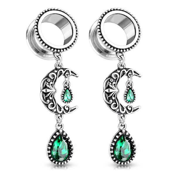 PAIR Crescent Moon & Emerald Stone Dangle Plugs