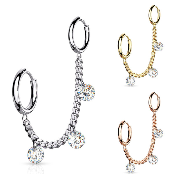 Single Chain with Gems Linked Earring Hoops