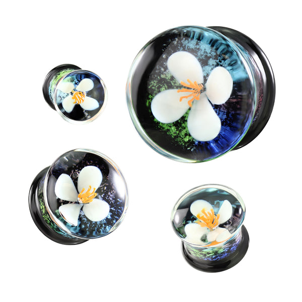 PAIR Floating White Flower Glass Plugs