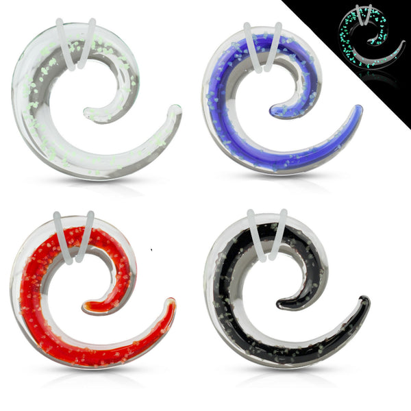 Pair glass spiral tapers with glow in the dark specks
