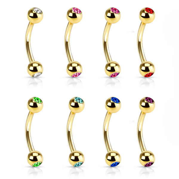 double jeweled gold eyebrow curved barbells