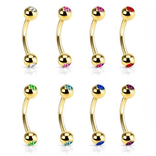 Gold Double Jeweled Eyebrow Curved Barbell Beauty Mark Body Jewelry