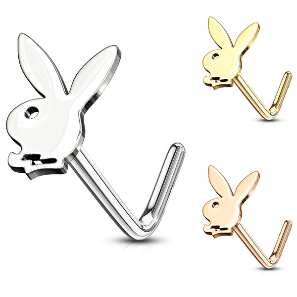 A playboy bunny logo L-bend nose ring shown in steel, gold, and rose gold.