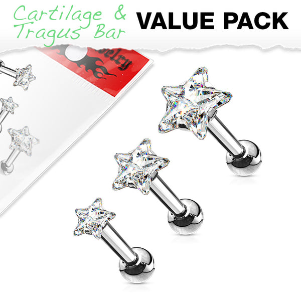 3-Piece Star Top Prong Gem Cartilage and Tragus Value Pack