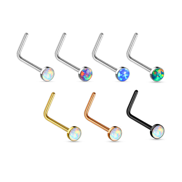 Opal Stone Flat Top Steel L-Bend Nose Ring 20g