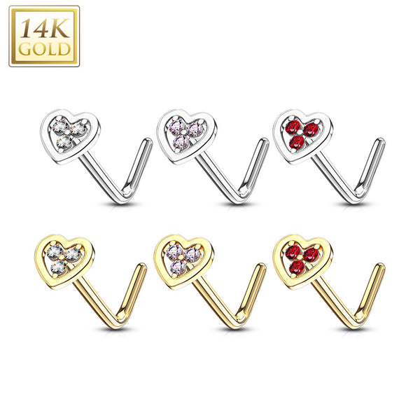 14k Gold Triple Gem Heart L-Bend Nose Ring