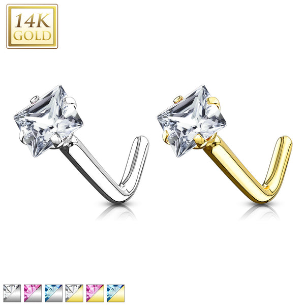 14k Gold Square Gem L-Bend Nose Ring