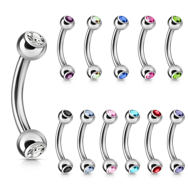 Double Gem Steel Curved Eyebrow Ring