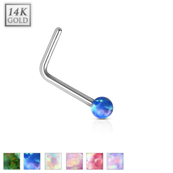 14k white gold l-bend nose ring with opal ball