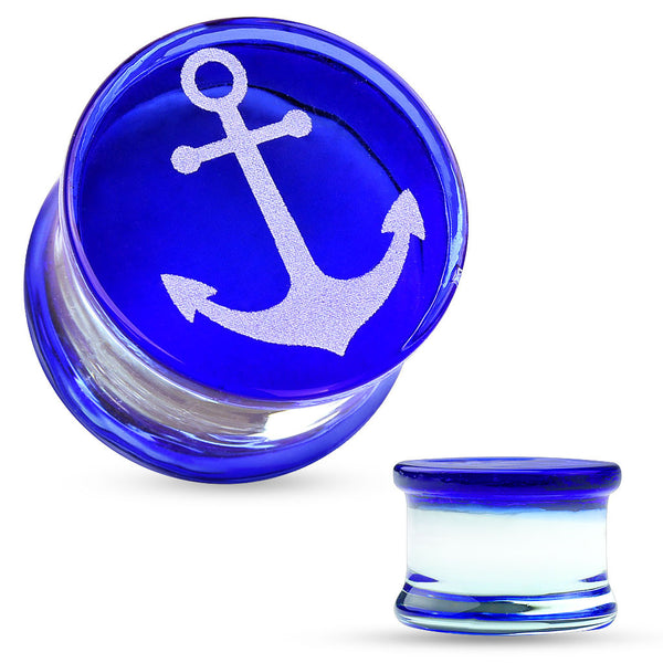 PAIR Anchor Engraved Front Blue Glass Plugs