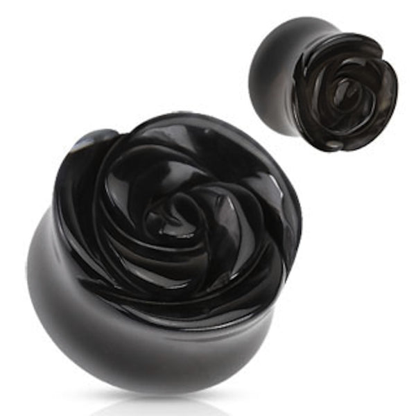 PAIR Black Agate Stone Rose Carved Double Flared Plugs