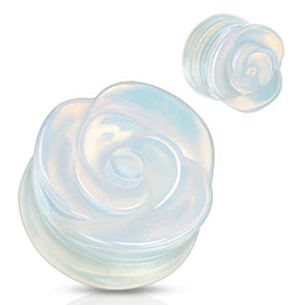 PAIR Opalite Stone Rose Carved Double Flared Plugs