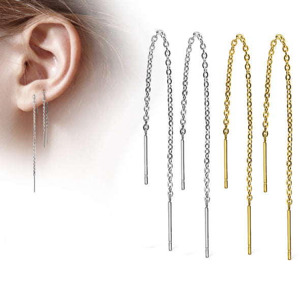 Pair of threader chain earrings. Model ear on left followed by steel pair and gold pair
