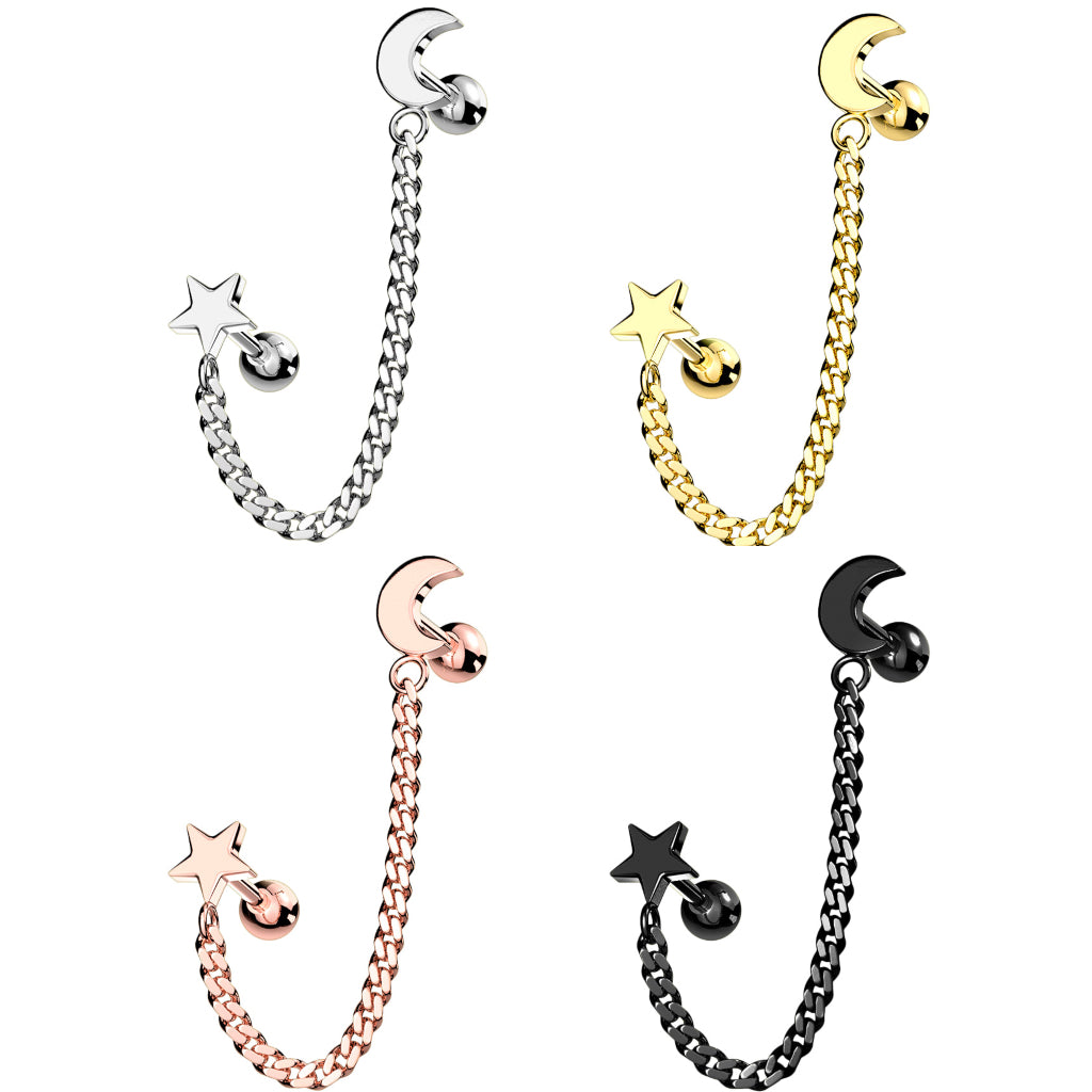 Crescent Moon and Star Chain Linked Cartilage Ring – Beauty Mark Body ...