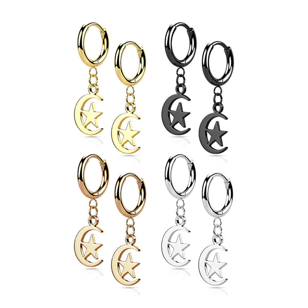 PAIR Moon and Star Hinged Hoop Earrings