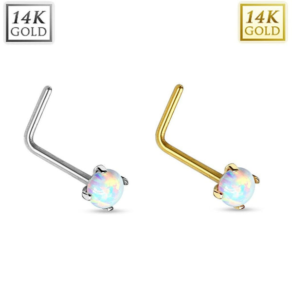14k White Opal L Bend Gold Nose Ring