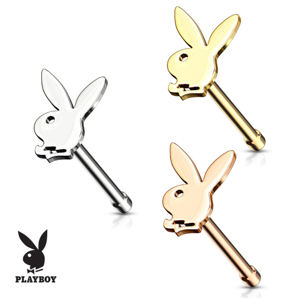 Playboy logo nose bone nose ring. Shown in steel, gold, and rose gold. 