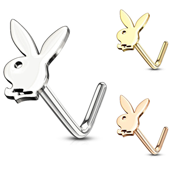 A playboy bunny logo L-bend nose ring shown in steel, gold, and rose gold. 