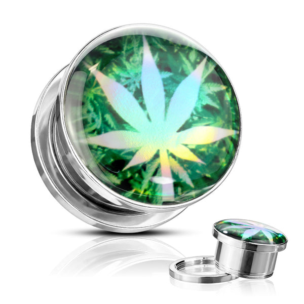 PAIR Pot Leaf Hologram Steel Plugs