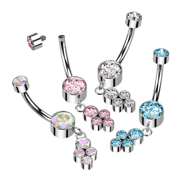 Bezel Gem Cluster Titanium Dangle Belly Ring